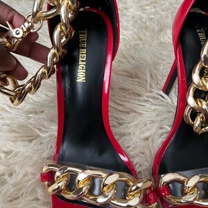 True Religion Glossy Red Heels with Bold Gold Chain